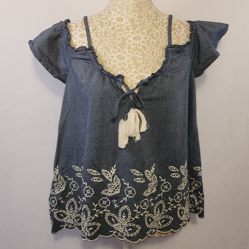 Abercrombie & Fitch Blue Floral Embroidered Off Shoulder Adjustable Strap Top S